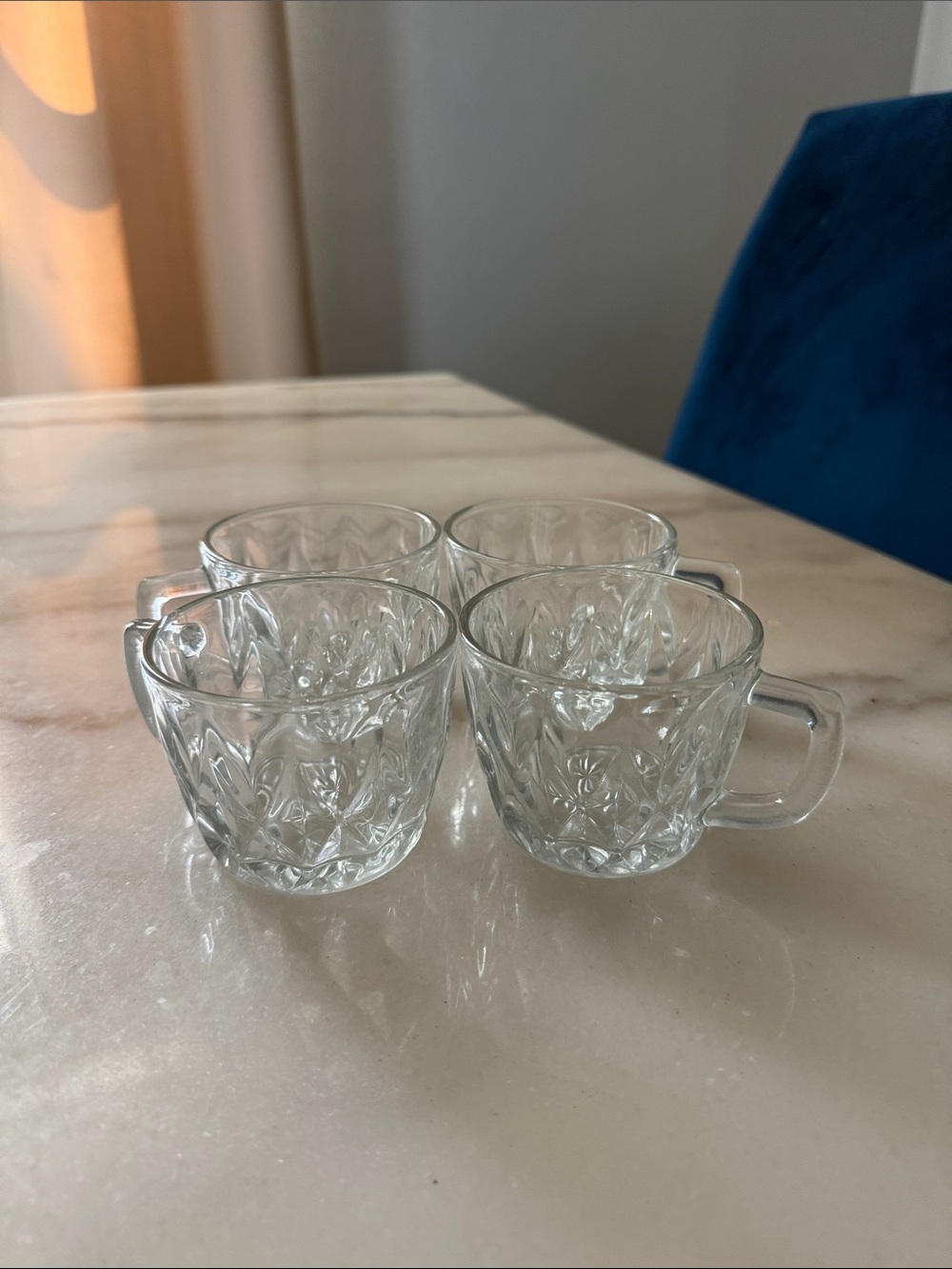 Clear Glass Teacup Set - 4 Piece Crystal-Pattern Cups